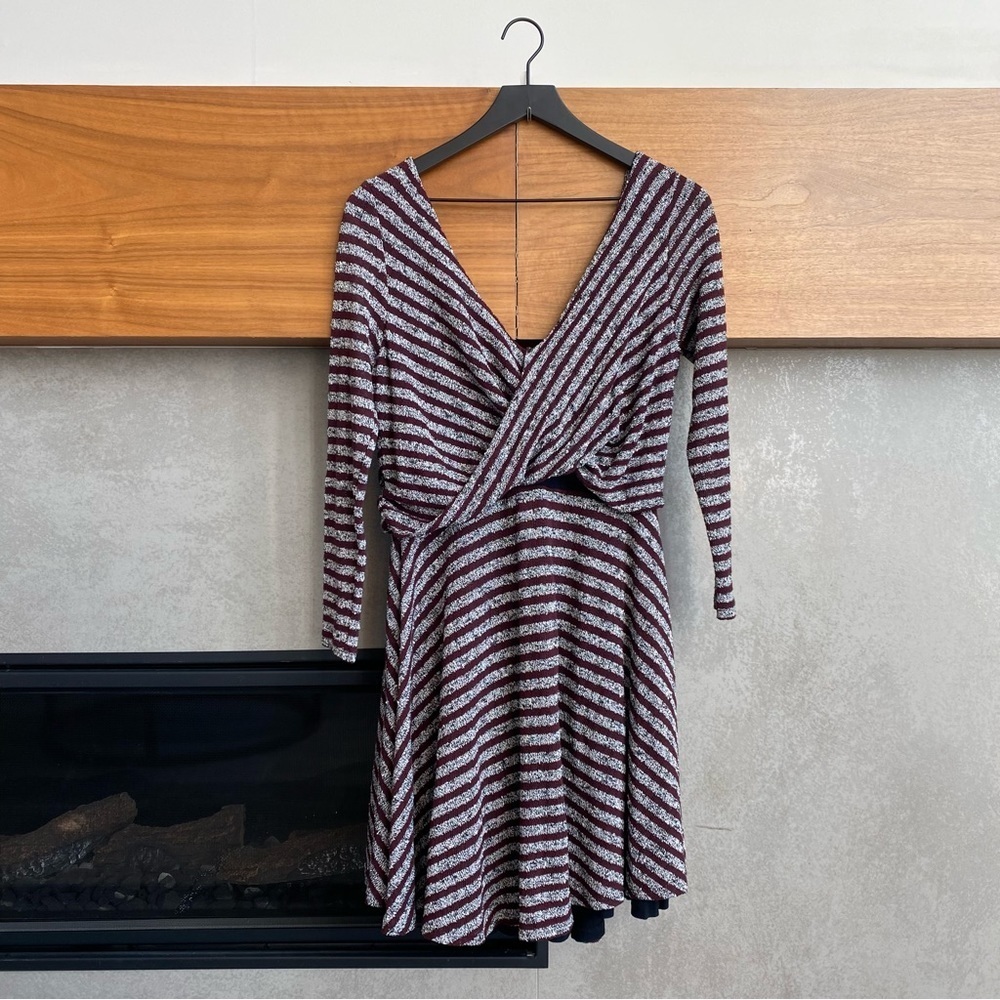 NWT Free People Retro Eggplant Combo 3/4 Sleeve Flare Mini Dress, Size L